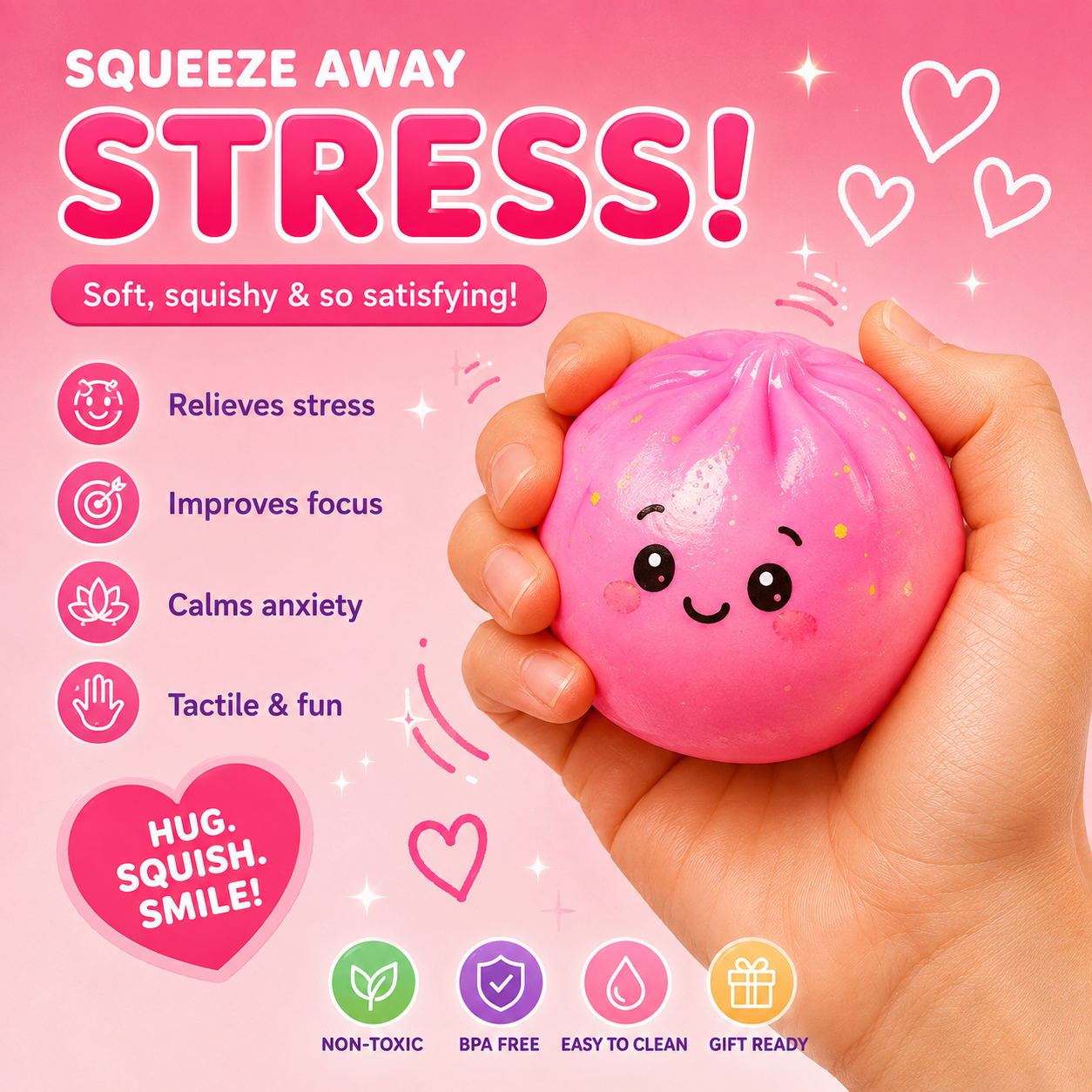 A hand squeezing the pink dumpling squishy
