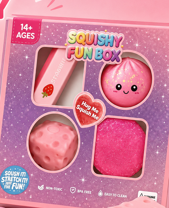 The printed Squishy Fun Box window packaging