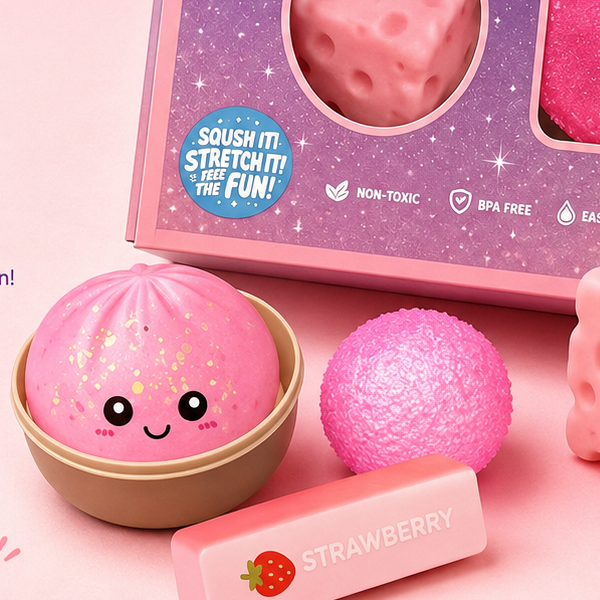Squishy Fun Box with the four pieces beside it