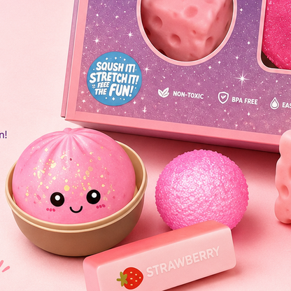 Squishy Fun Box with the four pieces beside it
