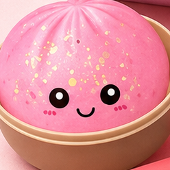 Pink dumpling squishy sitting in its bowl